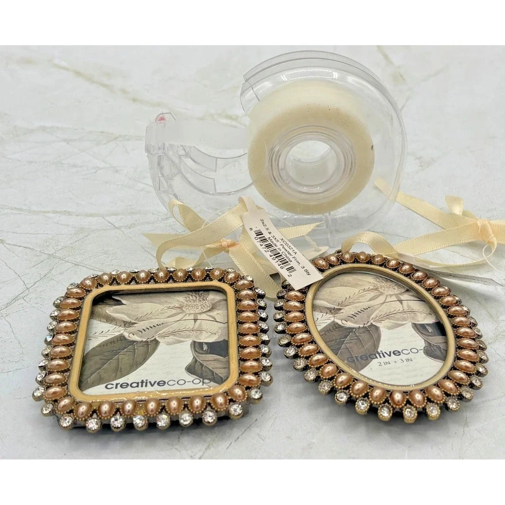 Creative Co-Op Set‎ of 2 Miniature Pewter Frames 2x2-2x3 Faux Beaded Crystal NWT